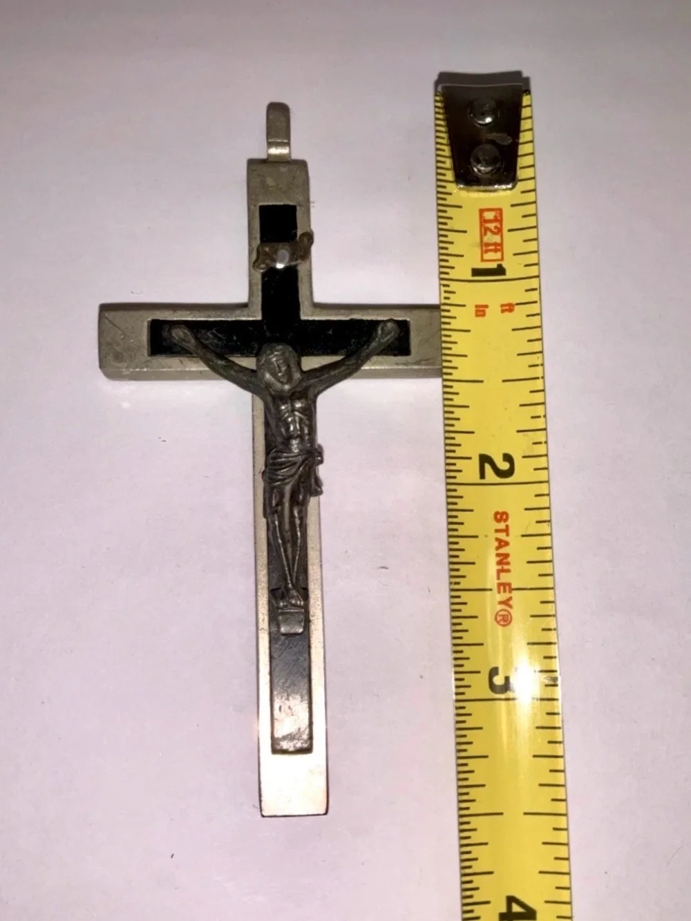 Vintage Italy Black Enamel Crucifix Cross Pendant Catholic Silver Tone 3.5”